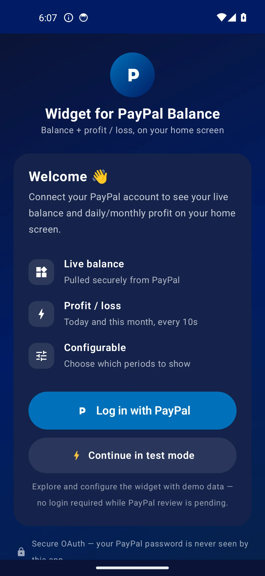 Widget for PayPal Balance Android app login screen with the Log in with PayPal button