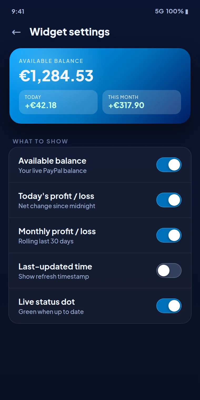 Widget for PayPal Balance configuration screen: choose what to show — balance, today and monthly profit or loss