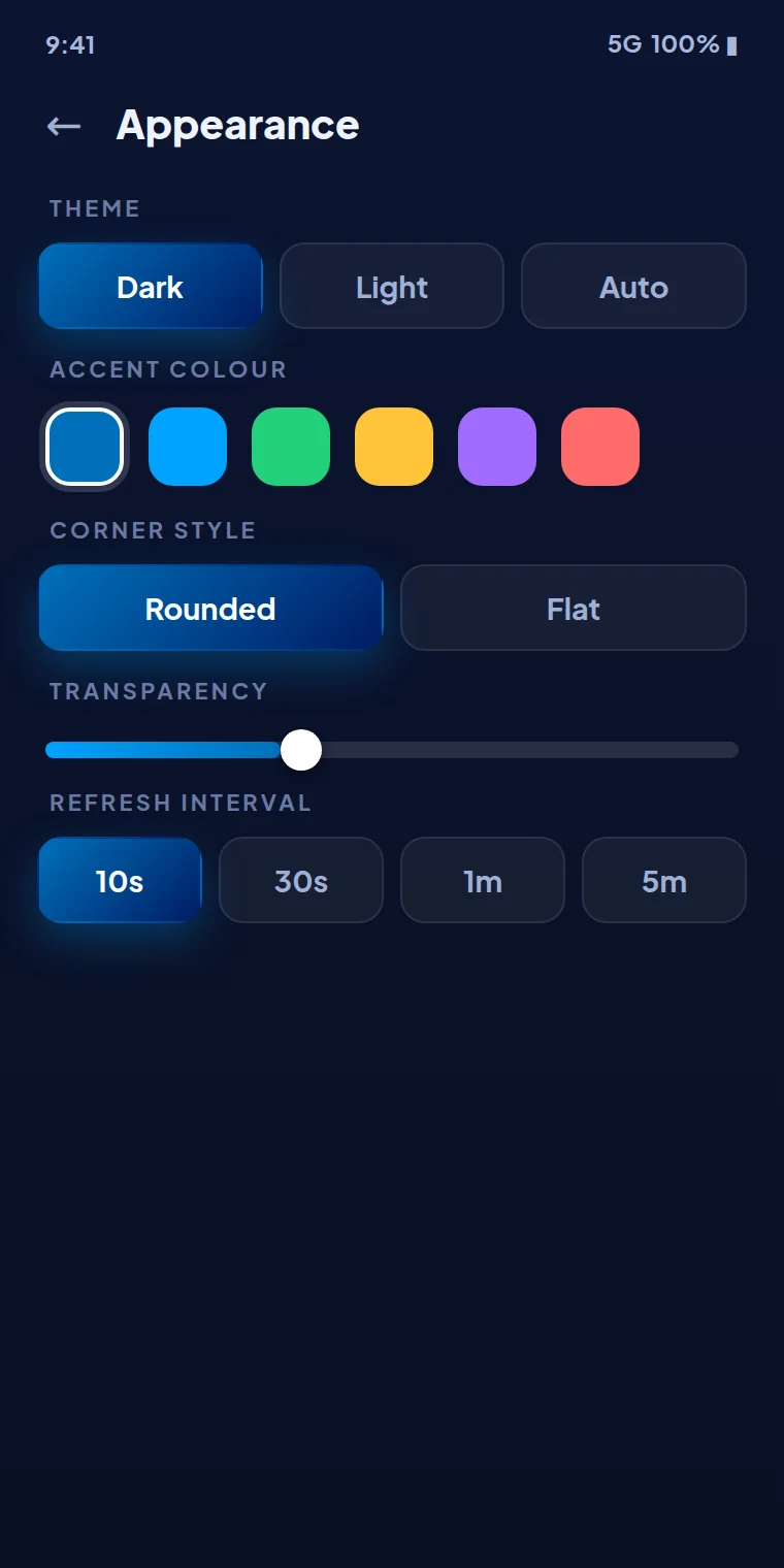 PayPal balance widget settings: light and dark theme, accent colour and refresh interval