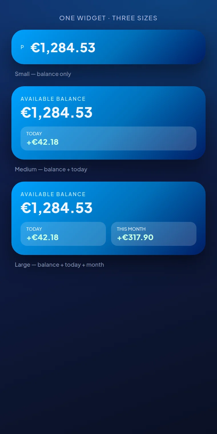 The PayPal balance widget shown in small, medium and large sizes on an Android home screen